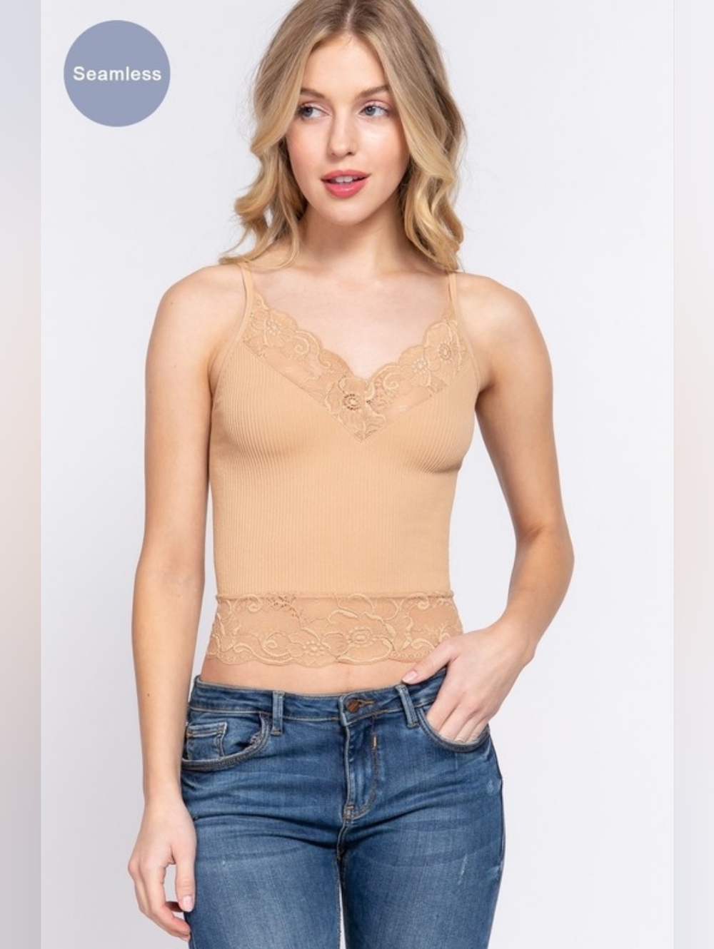 Active USA Lace Trim Ribbed Cami Cropped Tank - 4 Pack /Blue, White, Black, Nude - Picture 5 of 5